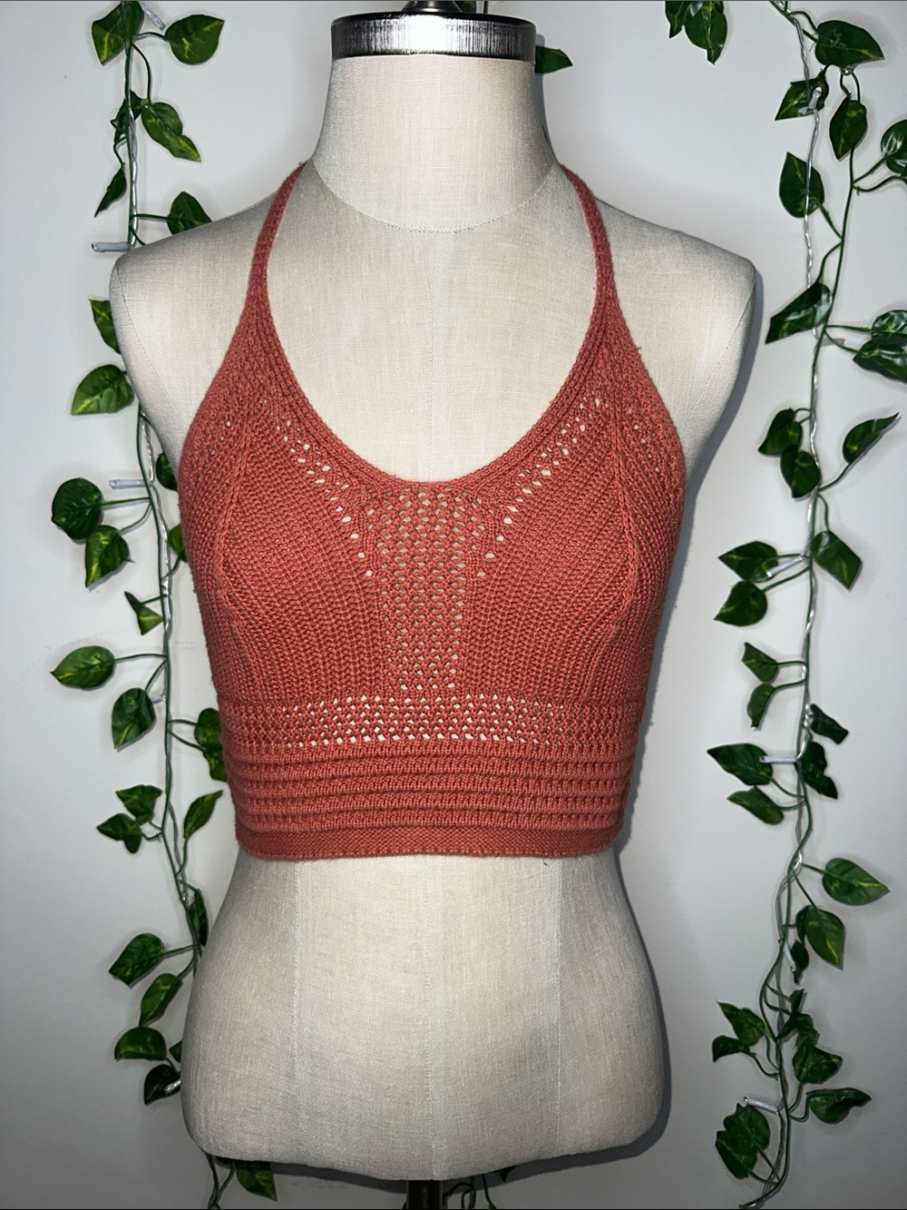Aerie Burnt Orange Crochet Halter Top Backless Tie Neck